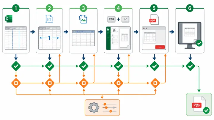 Step-by-step flowchart showing Excel export checklist: Page Break Preview, Fit Width 1 Page, Landsca
