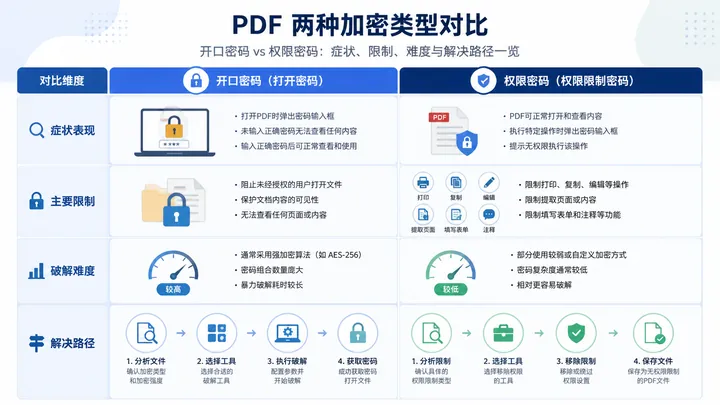 720x405 infographic comparing two PDF encryption types, open password vs permission password, with c