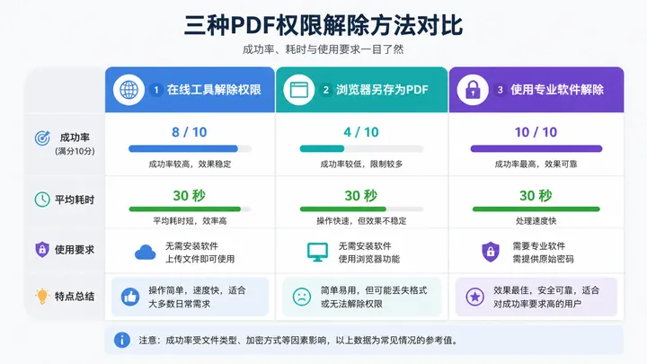 720x405 data comparison chart showing three PDF permission removal methods: online tool 8/10 success