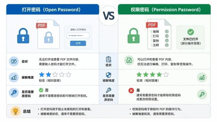 Comparison infographic for two PDF encryption types, left side “Open Password”, right side “Permissi