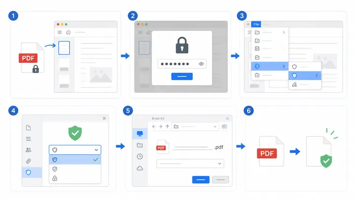 Step-by-step flowchart showing how to remove PDF security when password is known: open PDF, enter pa