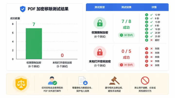Bar chart and checklist showing test results for PDF encryption removal: permission restriction 7 of