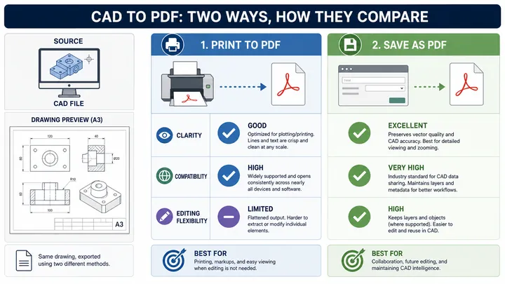 Comparison infographic showing two CAD to PDF methods, 