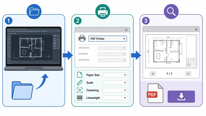 Step-by-step flowchart for CAD to PDF conversion with 3 nodes: open drawing, choose PDF printer, pre