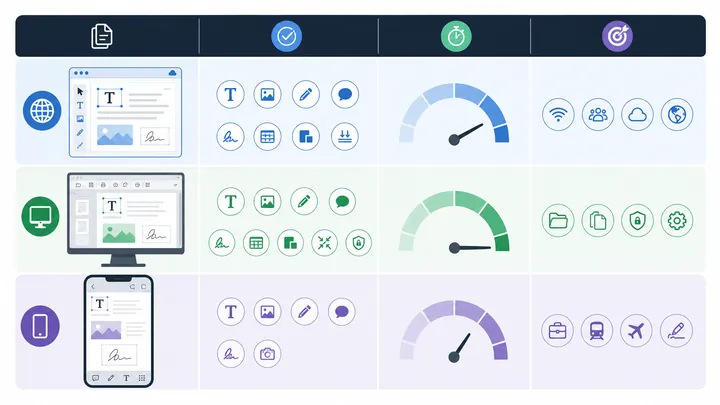Workflow comparison chart for free PDF editing options: online editor, desktop tool, mobile tool, wi