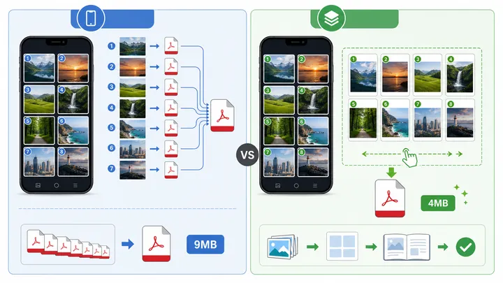 Comparison infographic showing two workflows side by side: phone gallery to PDF versus batch image m