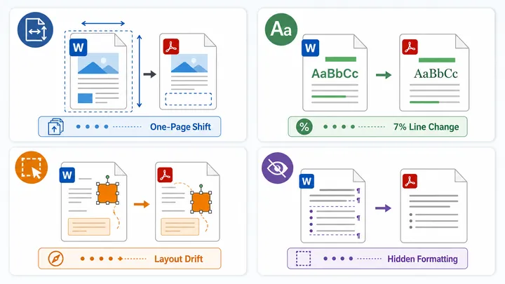 Clean infographic showing four Word-to-PDF distortion causes in a 2x2 layout, with icons for page si