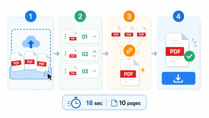 Step-by-step infographic for merging scanned PDFs into one file, 720x405, showing four clear nodes: 