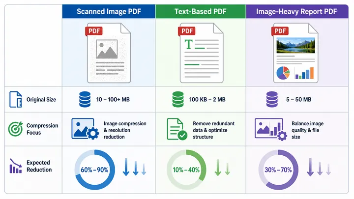Infographic comparing three PDF file types: scanned image PDF, text-based PDF, image-heavy report PD
