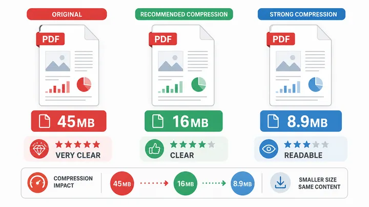 Before-and-after comparison chart of PDF compression: 45MB original, 16MB recommended compression, 8