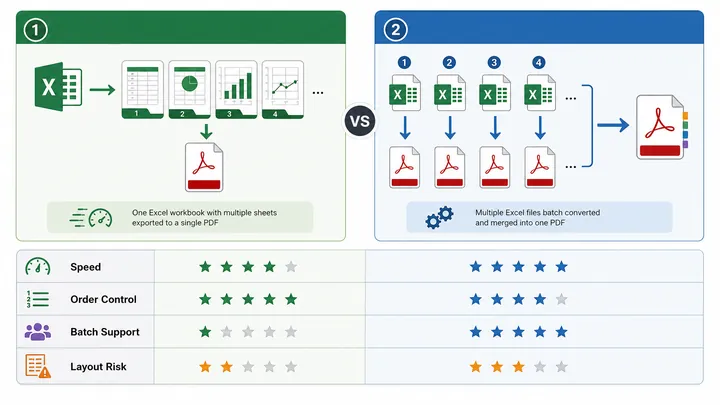 720x405 infographic comparing two Excel to PDF workflows, left side single workbook with multiple sh