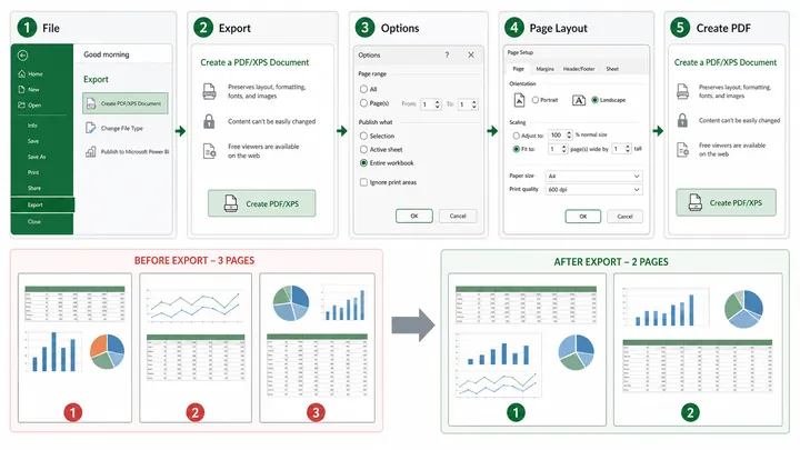 720x405 step-by-step screenshot-style diagram of Excel export settings, showing File > Export > Crea