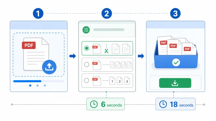 A clean 720x405 infographic showing a three-step PDF splitting workflow with upload PDF, choose spli
