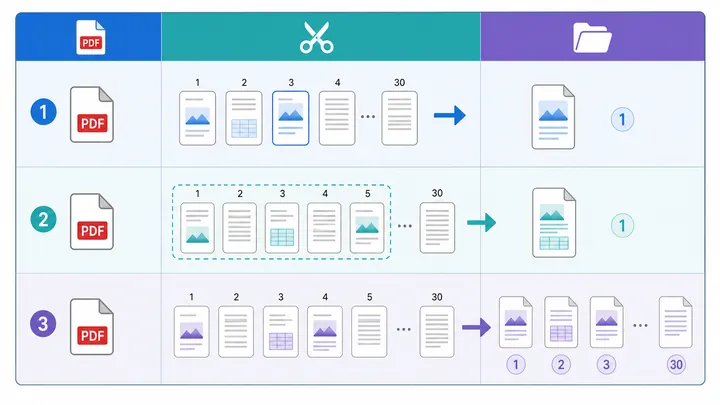Comparison table infographic for PDF split modes: extract page 3 creates 1 file, export pages 1-5 cr