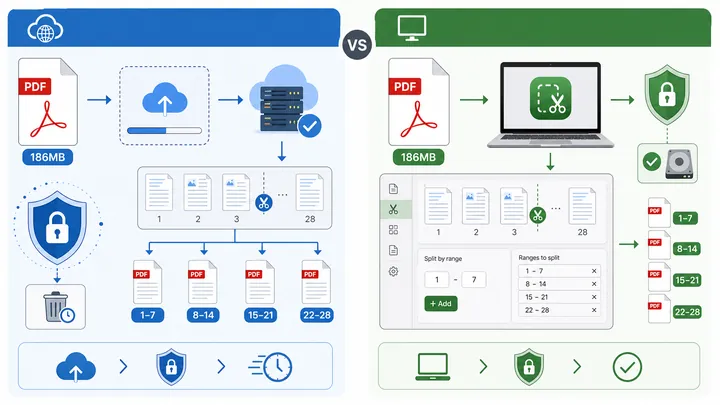 Side-by-side workflow diagram showing online PDF splitting versus desktop local splitting for large 