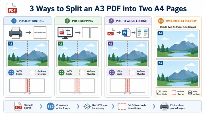 Infographic comparing three ways to split an A3 PDF into two A4 pages: poster printing, PDF cropping
