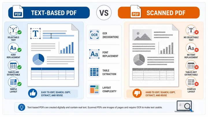 Infographic comparing text-based PDF and scanned PDF, showing selectable text versus image-only page