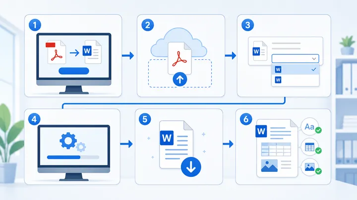 Step-by-step flowchart showing desktop PDF to Word conversion process with six nodes: choose PDF to