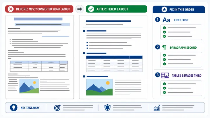 Before and after comparison chart of messy converted Word layout versus fixed layout, highlighting f