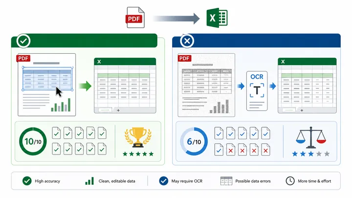Infographic comparing two PDF types for Excel conversion: selectable text PDF versus scanned image P