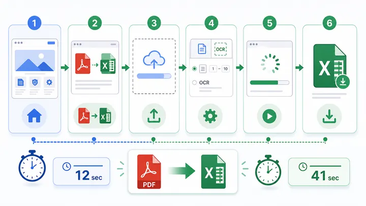 Step-by-step flowchart showing PDF to Excel conversion process with 6 nodes: home page, PDF to Excel