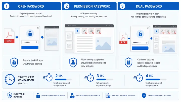 Clean infographic comparing three PDF encryption outcomes: open password shows a password dialog bef