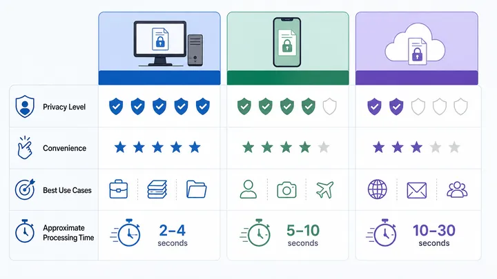 Three-column comparison infographic for desktop, mobile, and online PDF encryption. Show privacy lev