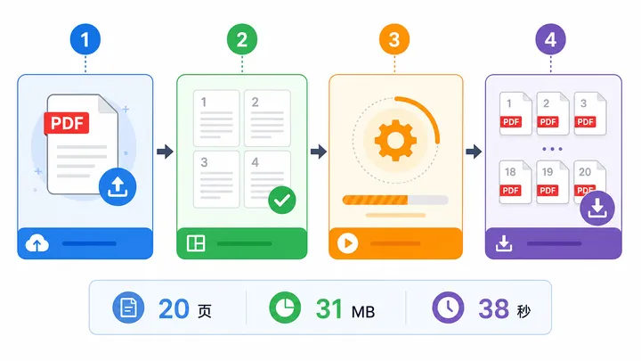 Step-by-step flowchart showing PDF split process with four nodes: upload PDF, choose split every pag