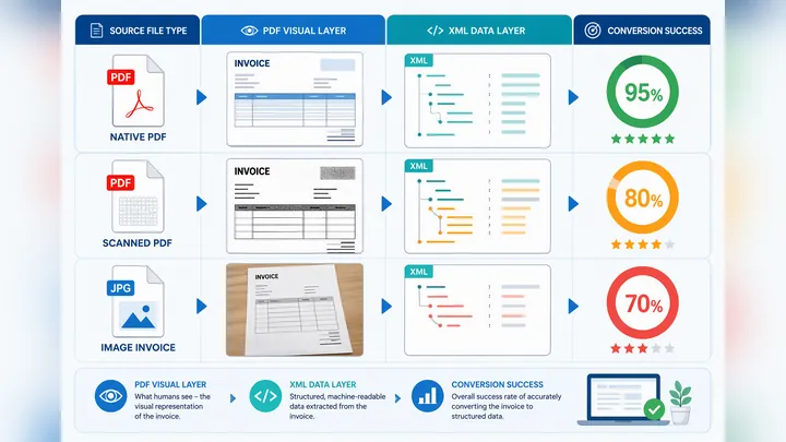 Infographic comparing PDF visual layer and XML data layer for invoice conversion, with three file ty