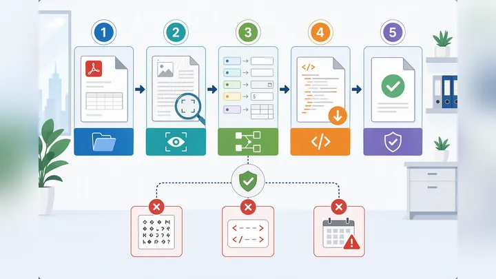 Step by step workflow for invoice PDF to XML conversion with five nodes: open file, OCR text recogni