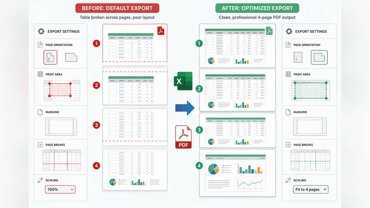 Before and after comparison of Excel to PDF export settings, showing page orientation, print area, m