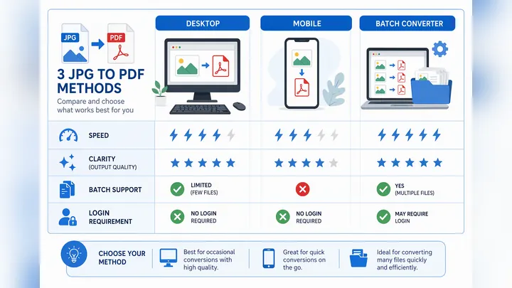 Infographic comparing 3 JPG to PDF methods on desktop, mobile, and batch converter, with metrics for