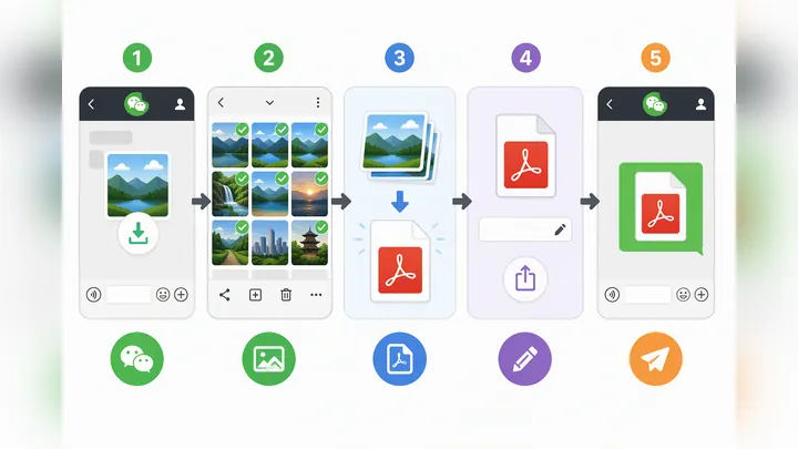 Step-by-step flowchart for converting WeChat saved images into one PDF: save image, select multiple 