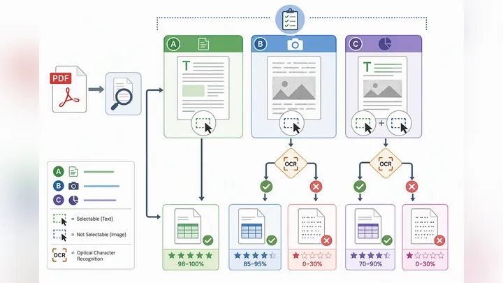 Infographic flowchart for judging PDF types before conversion, showing text-based PDF, scanned PDF, 