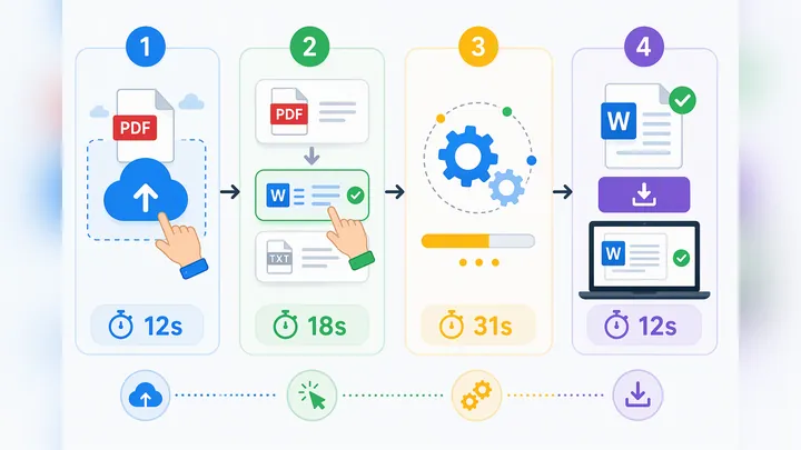 Step-by-step process diagram of online PDF to Word conversion with four stages: upload, choose conve