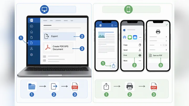 Split-screen comparison infographic showing desktop and mobile Word to PDF export paths, with labele