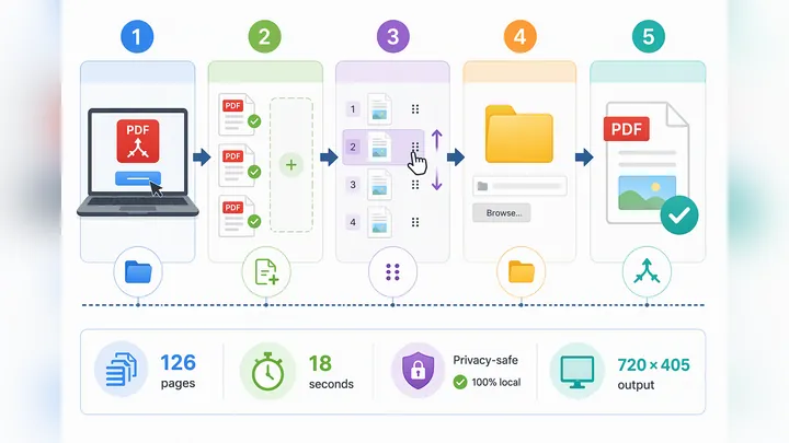 Clean infographic flowchart for merging PDF files locally on desktop, showing 5 steps: open tool, ad