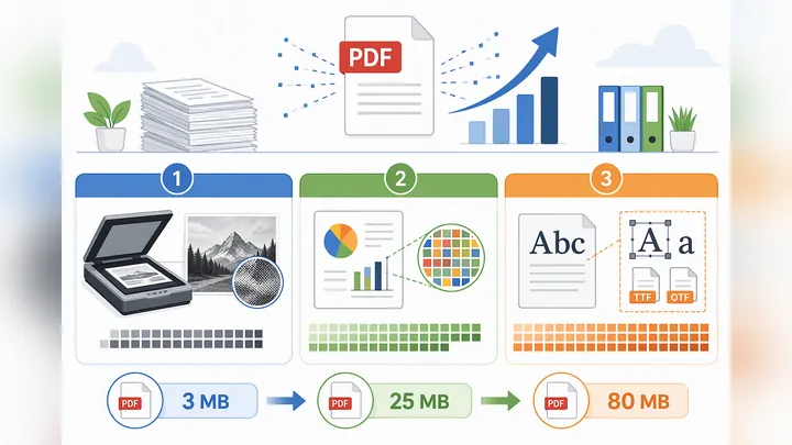 Infographic explaining why PDF files get large, showing three causes: high-resolution scans, color p