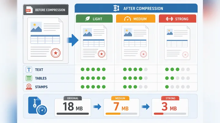 Before-and-after comparison chart of PDF compression results, showing three levels: light, medium, s