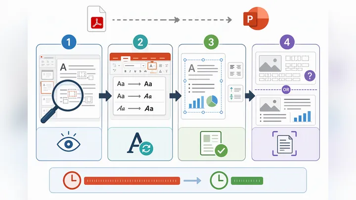 Infographic flowchart for fixing changed fonts after PDF to PPT conversion, 4 steps: identify font i