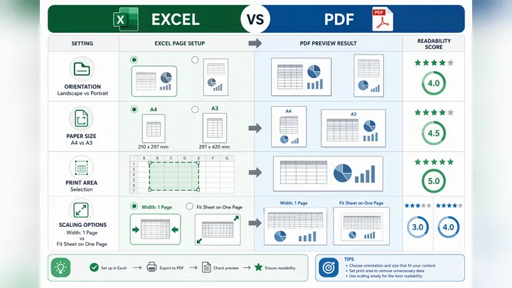 Infographic comparing Excel to PDF page settings, including landscape vs portrait, A4 vs A3, print a