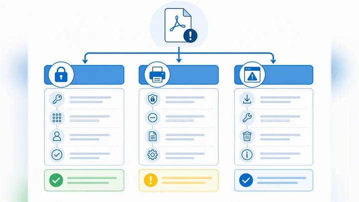 Clean infographic flowchart for PDF printing issue diagnosis, 3 branches: password required to open,