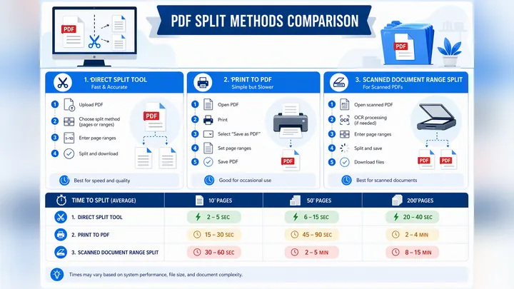 Infographic comparing three PDF split methods: direct split tool, print to PDF, and scanned document