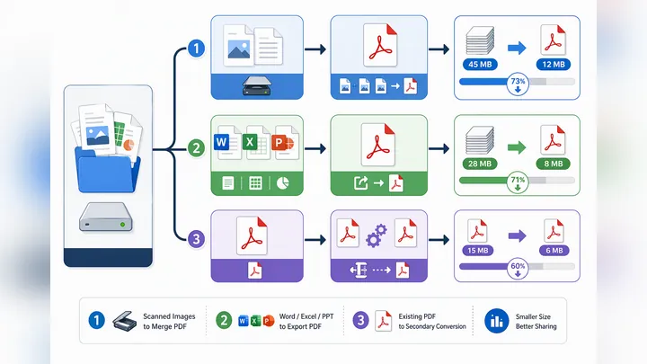 Clean office workflow infographic, 3 branches from source files to PDF methods: scanned images to me