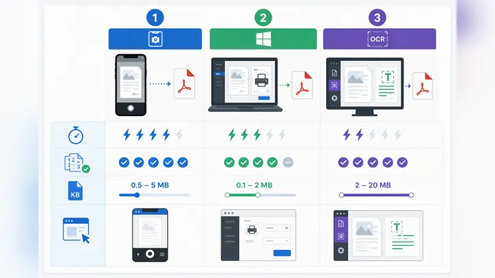 Comparison infographic of three scan-to-PDF methods: phone scan, Windows print to PDF, PDF converter