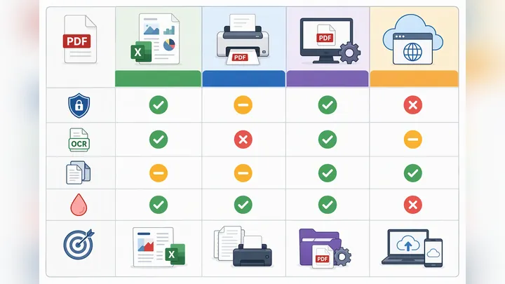 Table-style infographic comparing PDF solution types: office export, system print to PDF, local PDF 