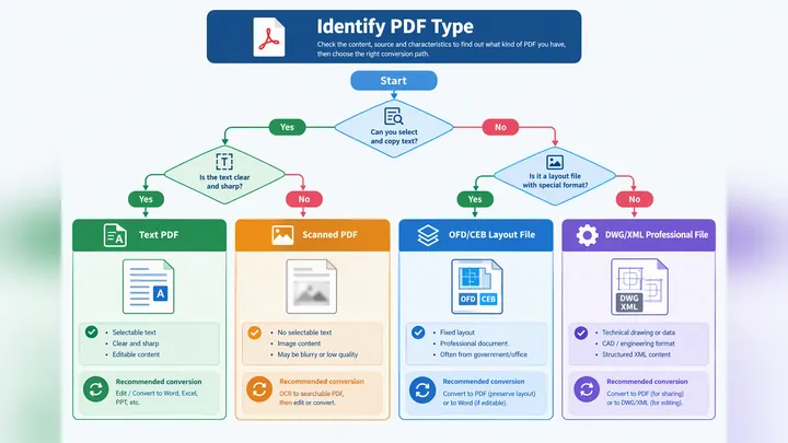 Flowchart infographic for identifying PDF types, with 4 branches: text PDF, scanned PDF, OFD/CEB lay