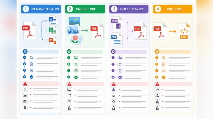 Comparison infographic of 4 PDF conversion scenarios: PDF to Word/Excel/PPT, photos to PDF, OFD/CEB 