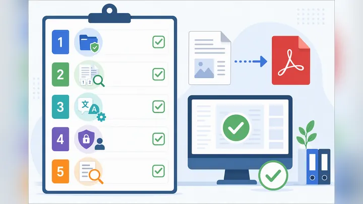 Checklist style infographic for reducing rework after PDF conversion, showing 5 items: backup origin