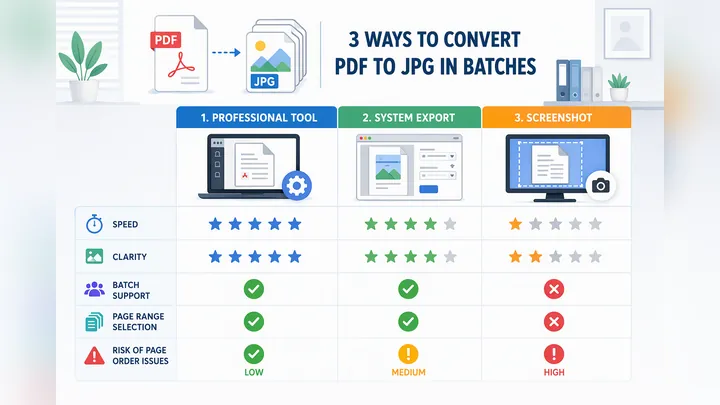Infographic comparing 3 methods for converting PDF to JPG in batches: professional tool, system expo